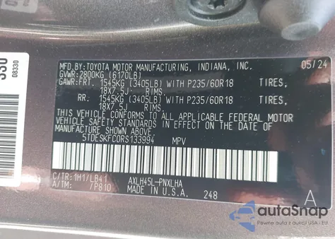 2024 Toyota Sienna Platinum из США, поврежденный, VIN 5TDESKFC0RS133994